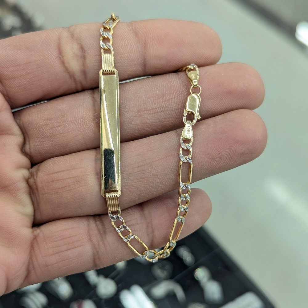 10kt Real Gold Figaro Diamond Cut ID Bracelet